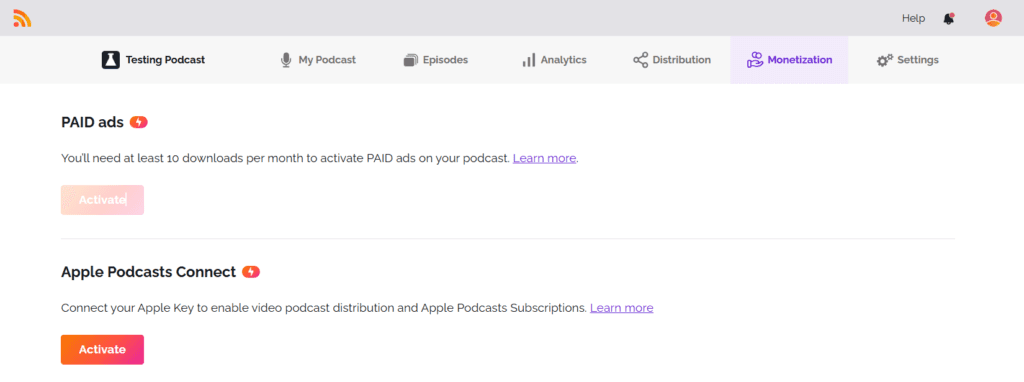RSS.com Monetization tab on a free account, where PAID ads need at least 10 downloads a month to activate.