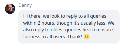 Captivate live chat reply from a support agent saying the team replies within two hours and answers the oldest queries first.