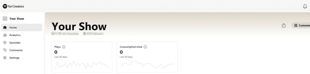 Spotify for Creators dashboard, whose navigation has no billing or plan section because the platform is free.