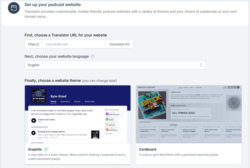 Transistor podcast website setup with a subdomain field, a language menu, and the Graphite and Cardboard themes.