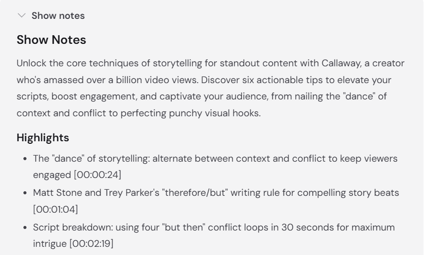 Castmagic show notes with a summary and timestamped highlights generated from a YouTube talk on storytelling.