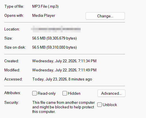 Windows file properties for a podcast episode, showing it as an MP3 file of 56.5 megabytes.