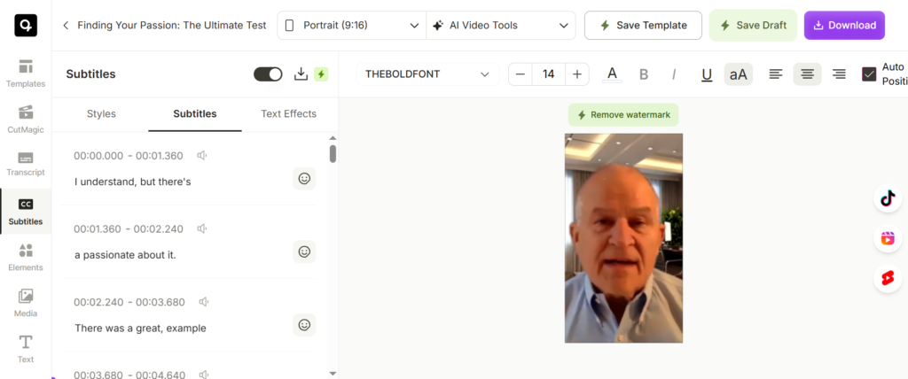 quso.ai clip editor with the Subtitles panel open, showing timestamped caption lines beside a 9:16 portrait preview of the clip.