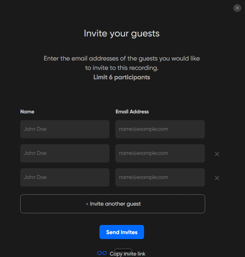 Zencastr free plan guest invite screen showing a limit of 6 participants.