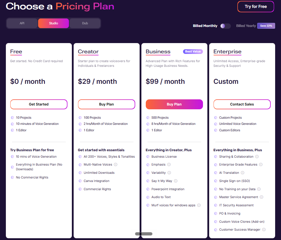 Murf pricing page on the Studio tab billed monthly showing Free at 0 dollars, Creator at 29 dollars a month with 2 hours of voice generation, Business at 99 dollars a month with 8 hours, and custom Enterprise pricing.