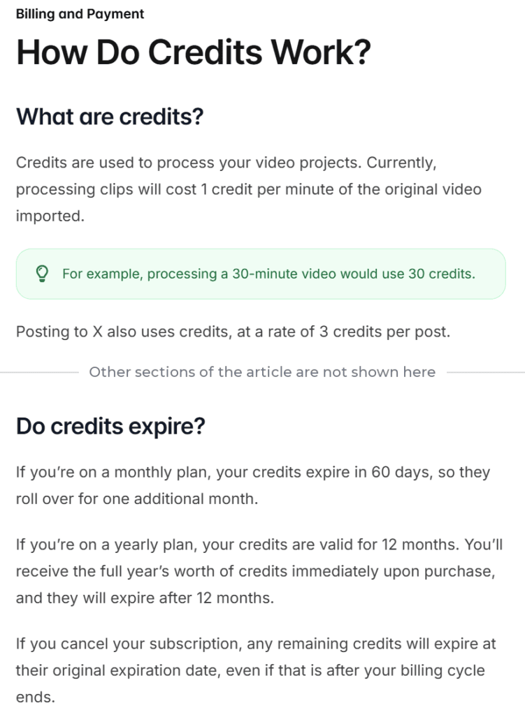 Opus Clip help center credits article stating that processing costs 1 credit per minute of video and that yearly plan credits are valid for 12 months.