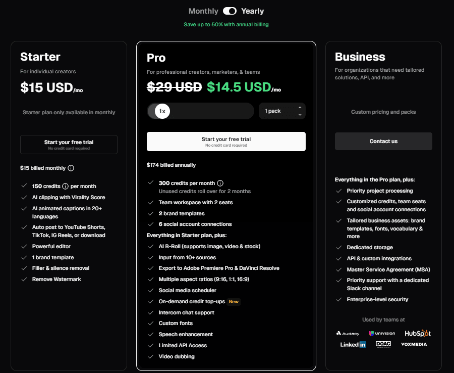 Opus Clip pricing page on yearly billing showing Starter at 15 dollars a month, Pro at 14.50 dollars a month billed 174 dollars annually, and a custom-priced Business plan.