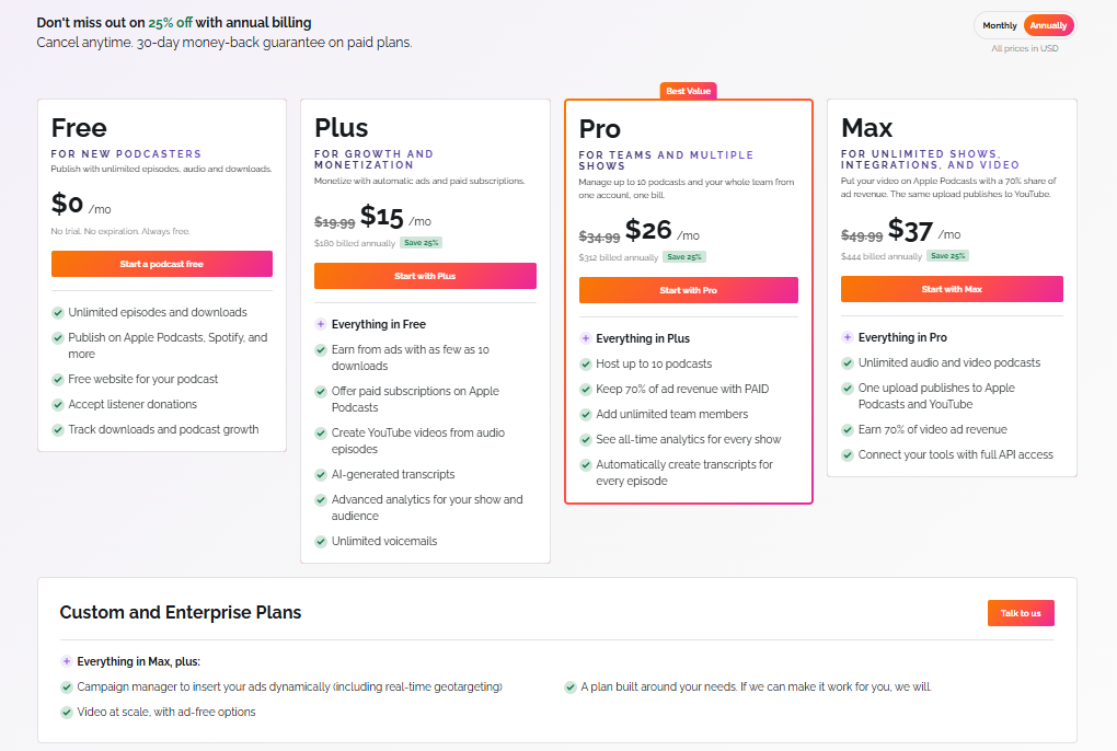 RSS.com pricing page billed annually showing Plus at 15 dollars a month with 180 dollars billed annually, Pro at 26 dollars with 312 dollars billed annually, and Max at 37 dollars with 444 dollars billed annually.