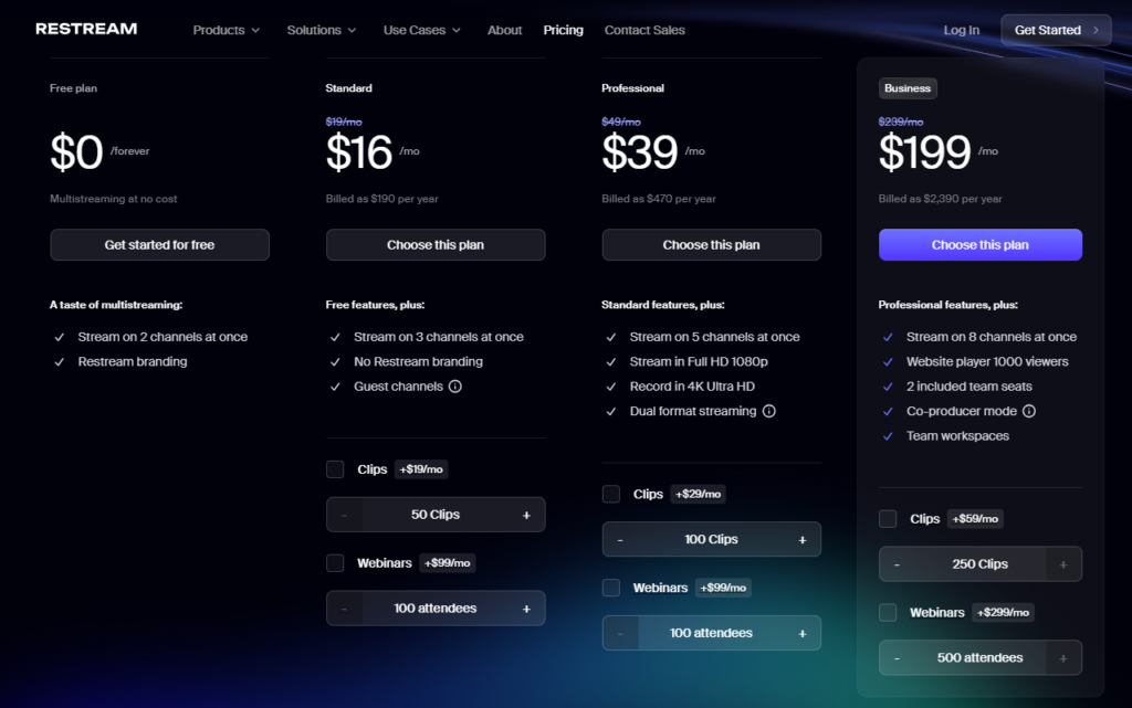 Restream pricing page on yearly billing showing Free at 0 dollars, Standard at 16 dollars, Professional at 39 dollars, and Business at 199 dollars a month, with channels, clips, and webinar add-ons listed for each.