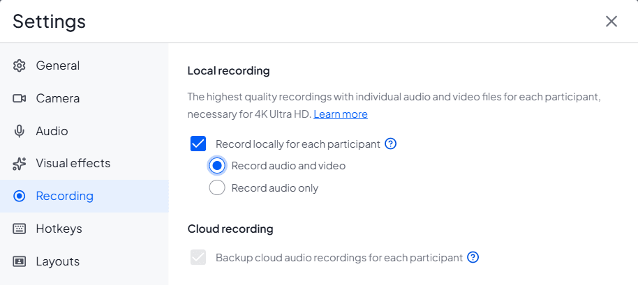 StreamYard Settings window on the Recording tab with Record locally for each participant ticked and Record audio and video selected, above a Cloud recording section.