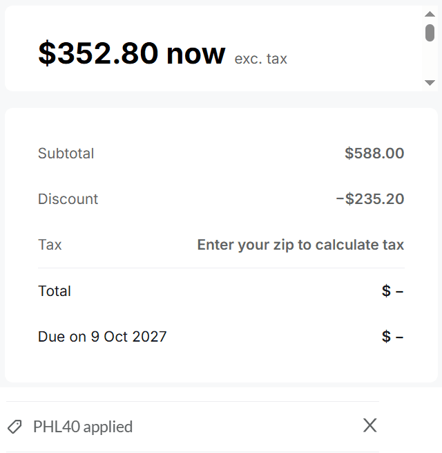 quso.ai checkout order summary for an annual plan, with a discount of $235.20 taken off a $588.00 subtotal by the PHL40 code, which applied automatically, leaving $352.80 due now before tax.