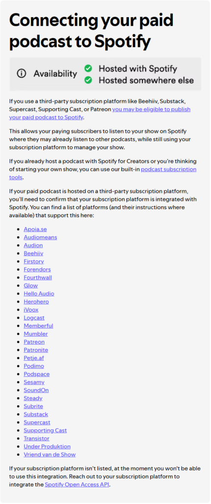 Spotify help page Connecting your paid podcast to Spotify, listing the 29 subscription platforms that can deliver paid episodes into Spotify, including Patreon, Substack, Supercast, Transistor, and beehiiv.